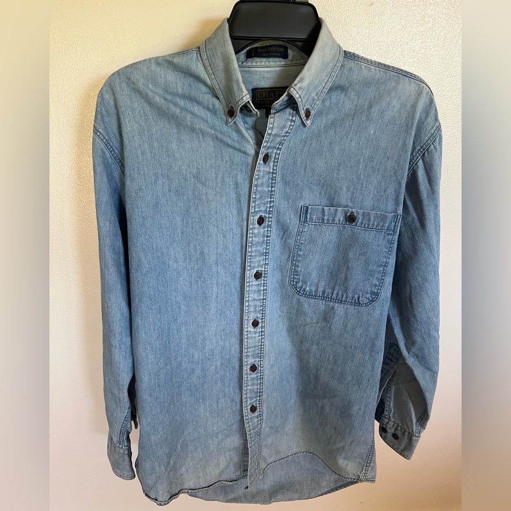 Vintage Chaps Ralph Lauren Men's Blue Button Down Denim Shirt Size 15 (32-33)